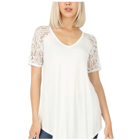 Zenana Outfitters Tops - Zenana Signature Cream Lace Short Sleeve Luxe Rayon Tunic Top Womens Size M